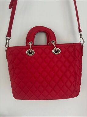 Quilted Red Women's Satchel with Top Handle and Detachable Strap